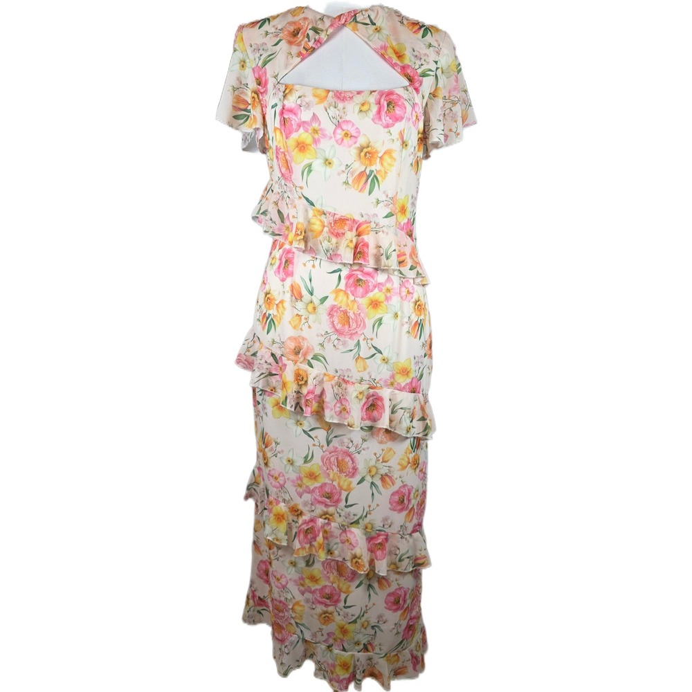 Petal + Pup Floral Tiered Ruffle Lined Maxi Dress Cutout Front/Back